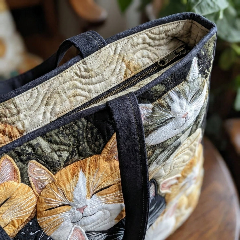 Artisanal Quilted Bag - Sleeping Kittens — detail