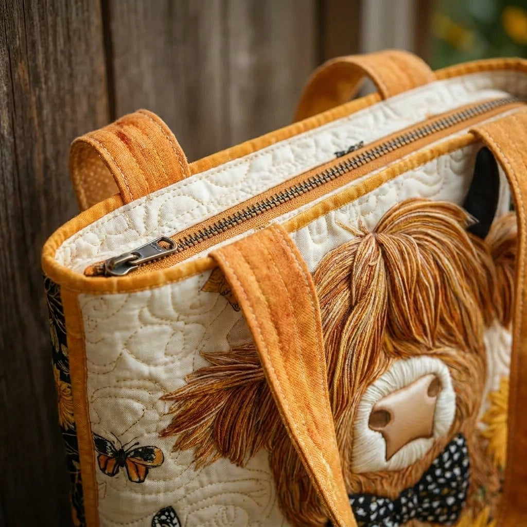 Quilted Bag - Highland Cow with Sunflowers — detail