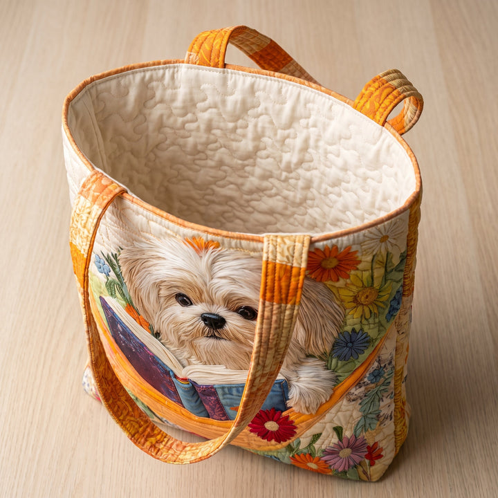 Artisanal Bag - Shih Tzu with Books and Flowers — open, showing the plain cream quilted lining