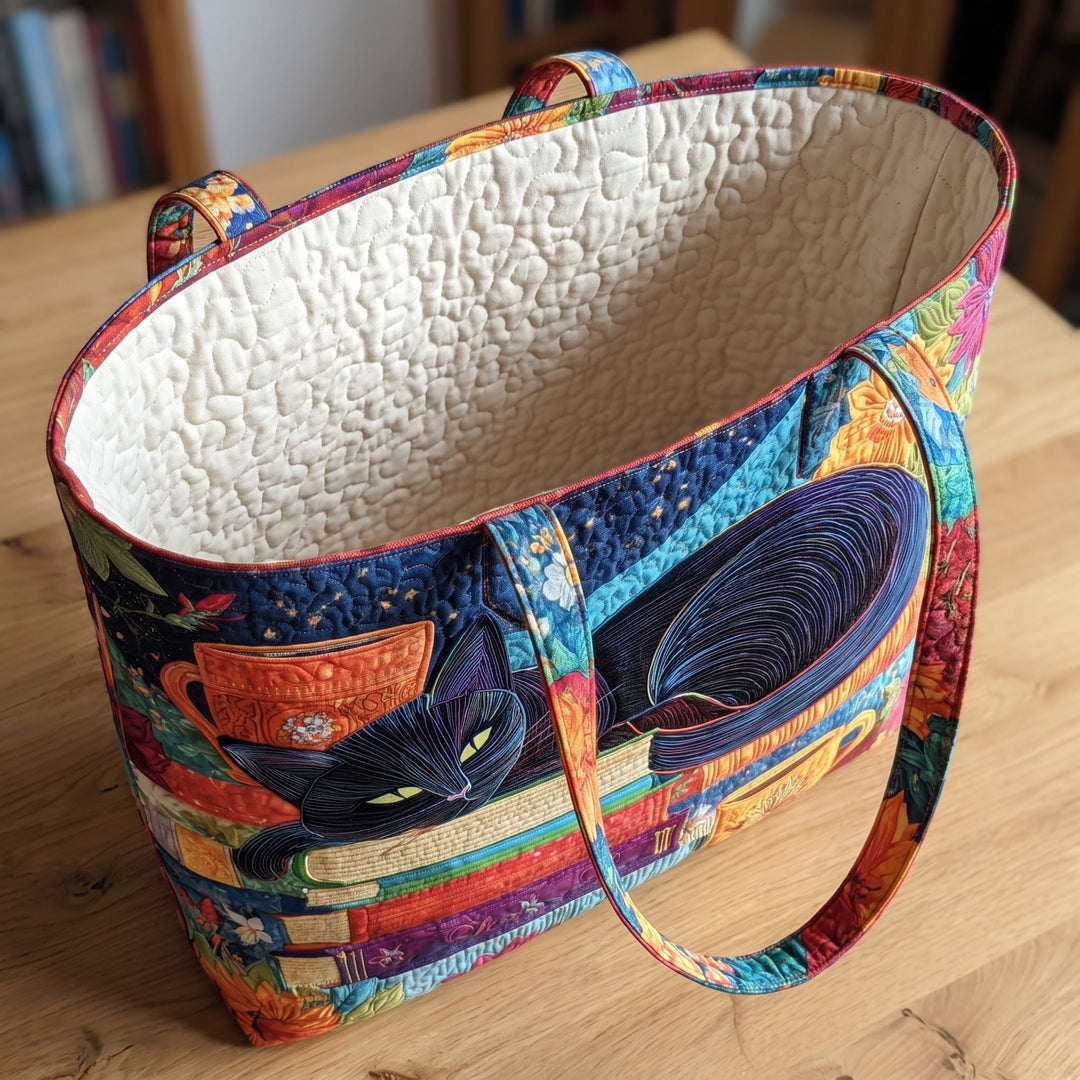 Artisan Bag - Black Cat with Books and Mugs — open, showing the plain cream quilted lining