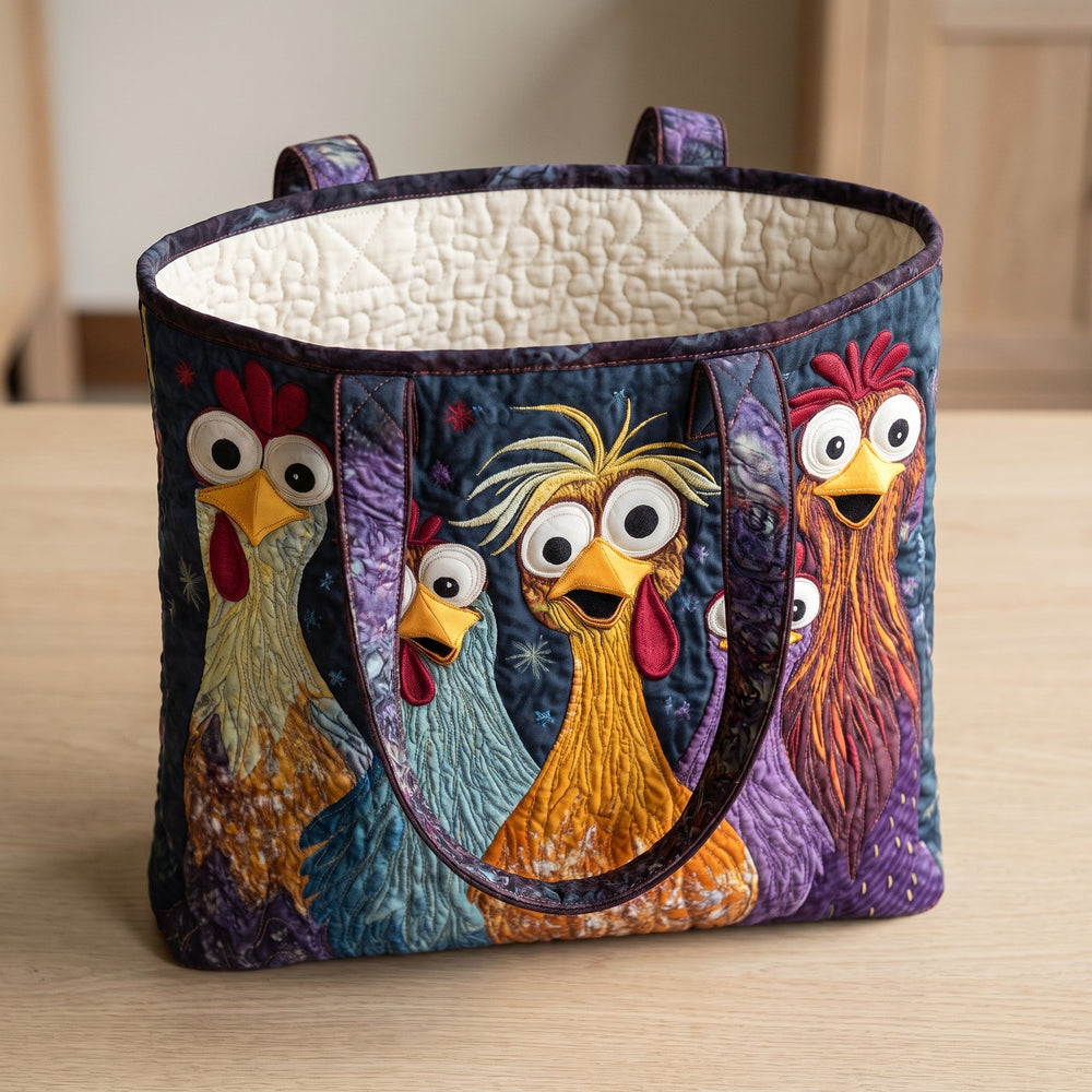 Artisan Bag - Five Colorful Chickens — open, showing the plain cream quilted lining
