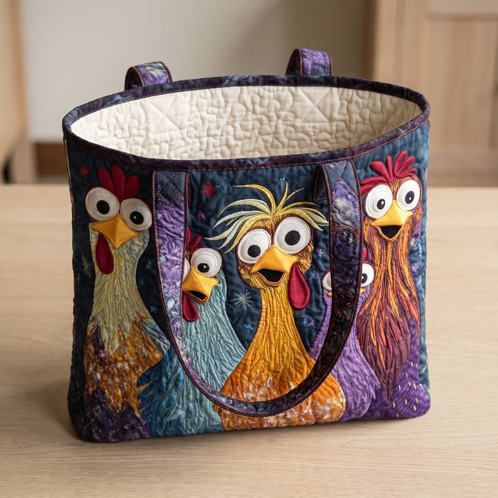 Artisan Bag - Five Colorful Chickens — open, showing the plain cream quilted lining
