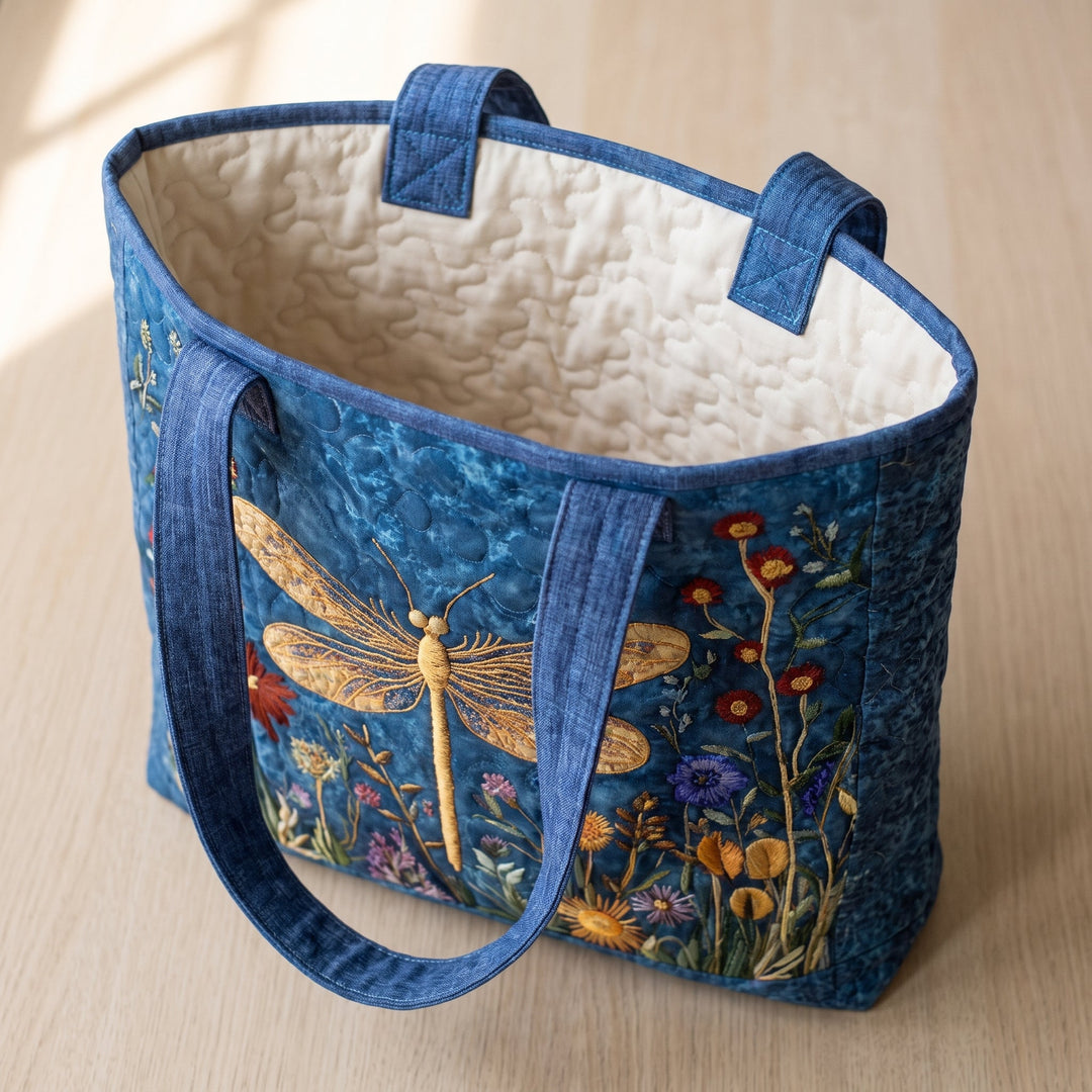 Quilted Bag - Golden Dragonfly — open, showing the plain cream quilted lining