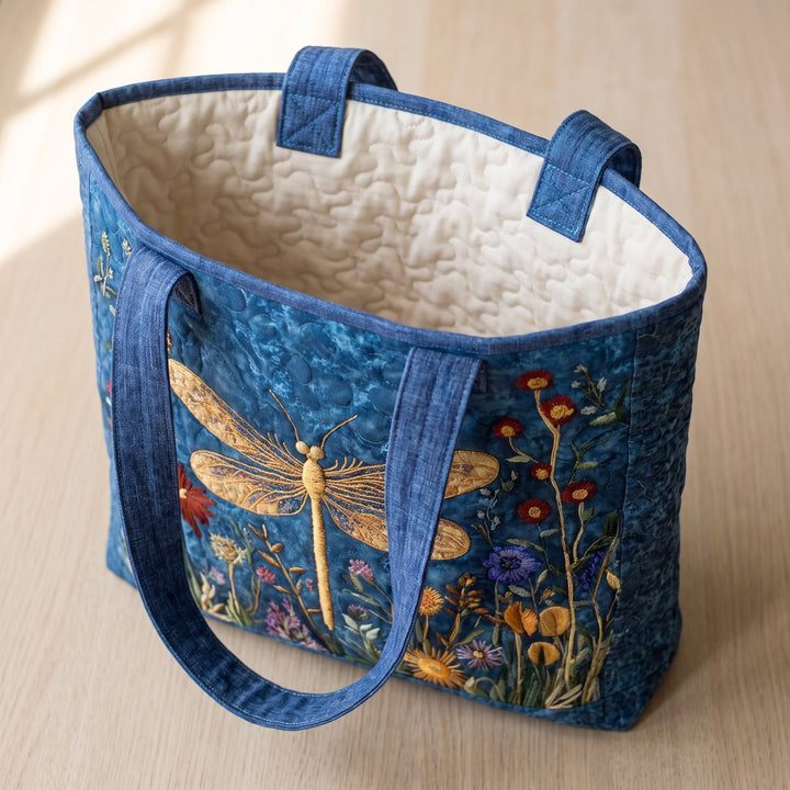 Quilted Bag - Golden Dragonfly — open, showing the plain cream quilted lining