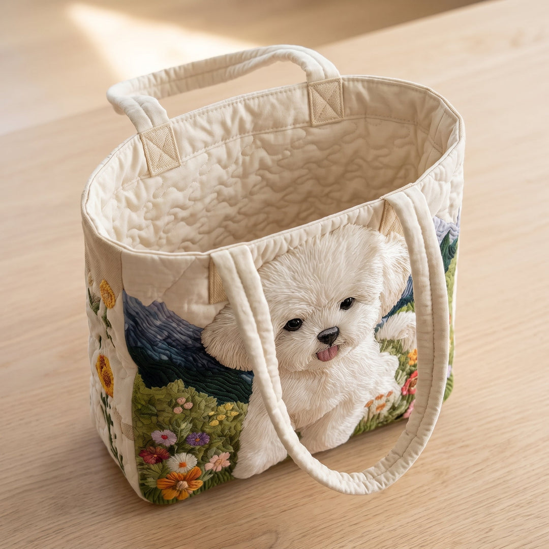 Artisan Quilted Bag - Enchanted Dog — open, showing the plain cream quilted lining
