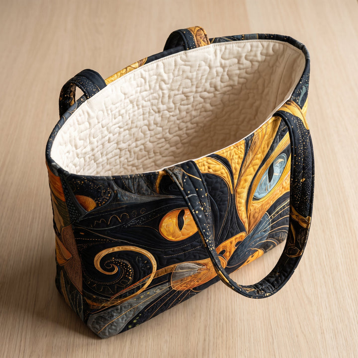 Artisanal Bag - Mystic Cat — open, showing the plain cream quilted lining