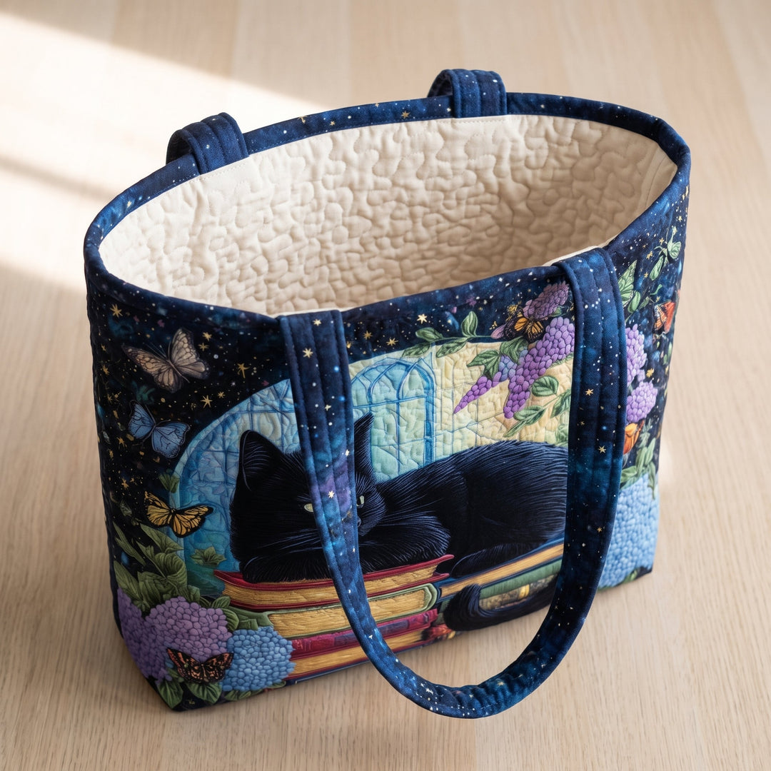 Artisanal Bag - Black Cat on Books — open, showing the plain cream quilted lining
