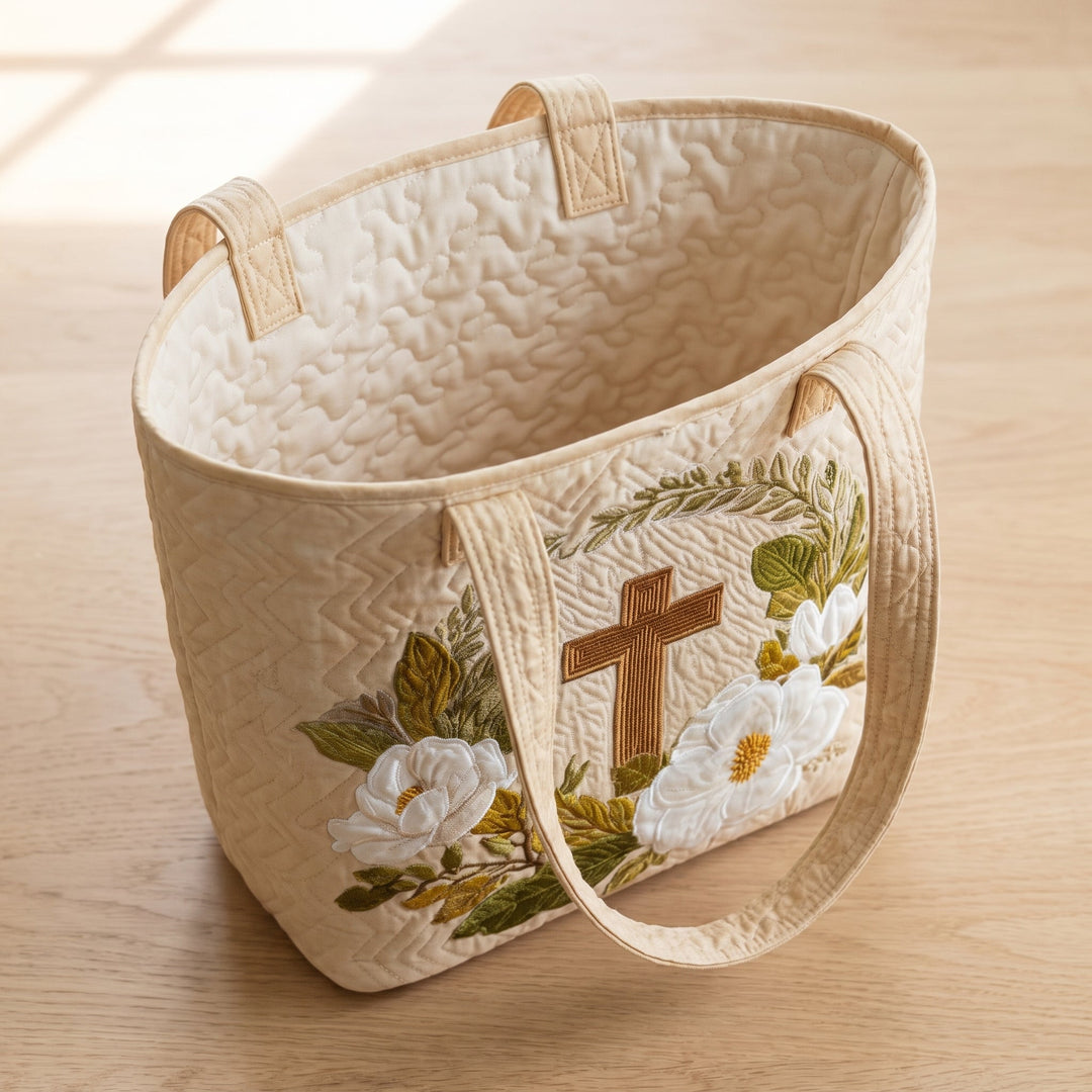 Artisanal Bag - Sacred Cross — open, showing the plain cream quilted lining