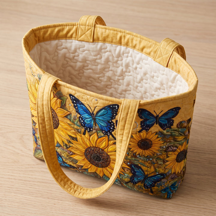 Artisan Bag - Sunflowers and Blue Butterflies — open, showing the plain cream quilted lining