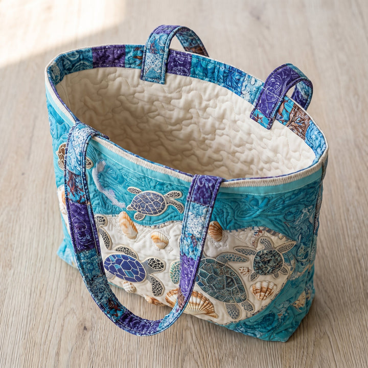 Artisanal Bag - Turtle Love — open, showing the plain cream quilted lining