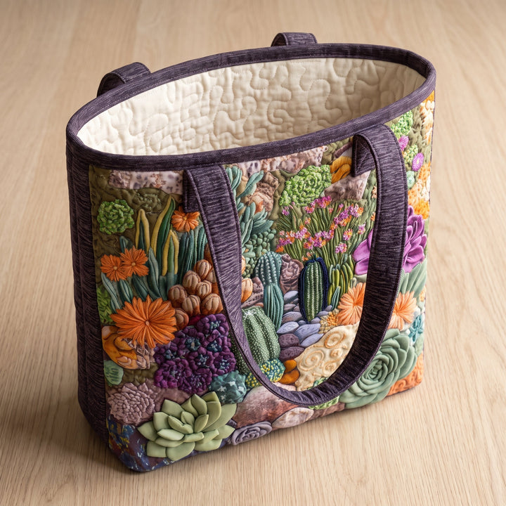 Artisanal Tote Bag - Succulent Garden — open, showing the plain cream quilted lining