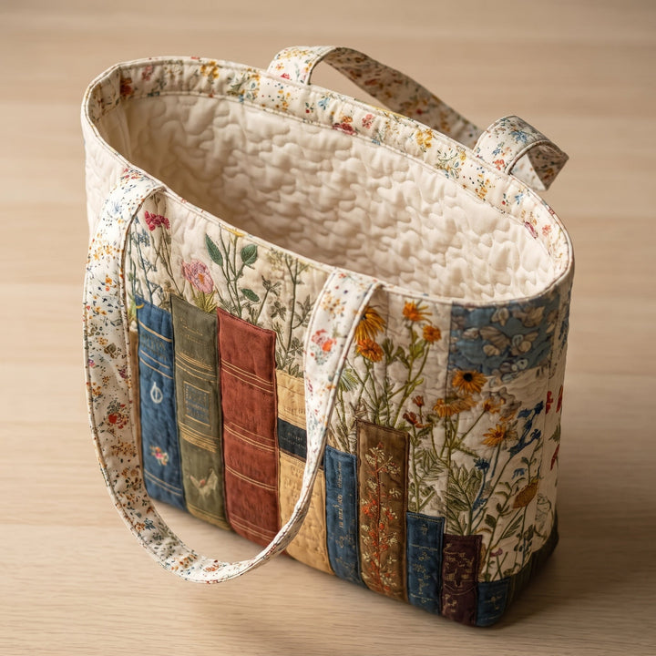 Artisan Quilted Bag - Books and Flowers — open, showing the plain cream quilted lining