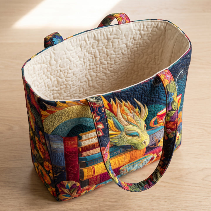 Artisan Bag - Dragon Reader with Books and Mugs — open, showing the plain cream quilted lining