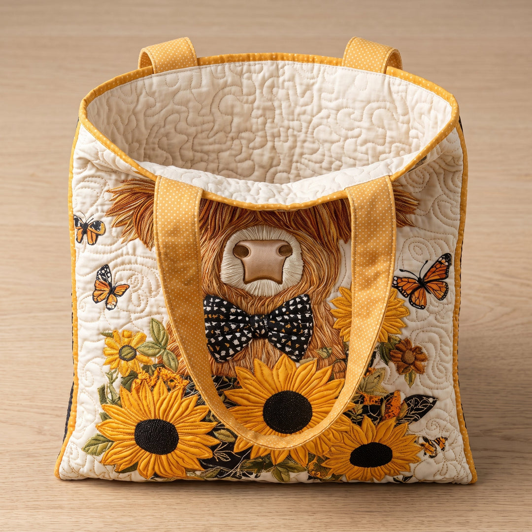 Quilted Bag - Highland Cow with Sunflowers — open, showing the plain cream quilted lining