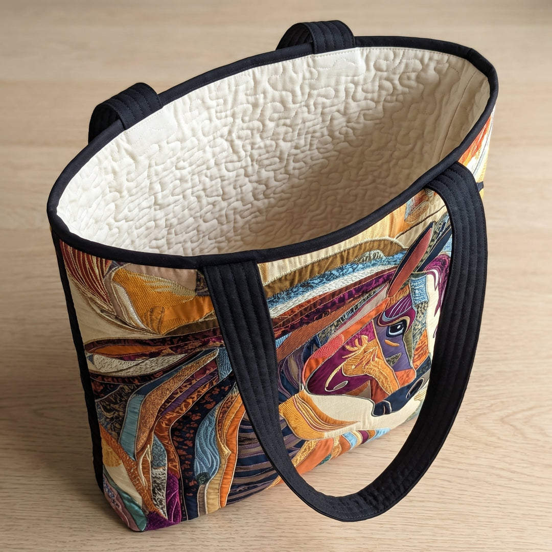 Artisanal Bag - Multicolored Mosaic Horse — open, showing the plain cream quilted lining