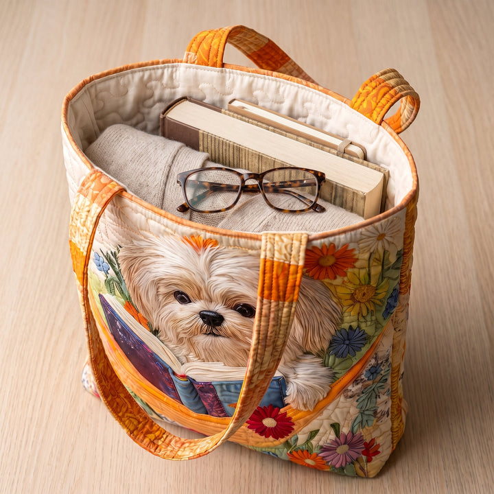 Artisanal Bag - Shih Tzu with Books and Flowers — packed with a hardback book, a folded cardigan and reading glasses