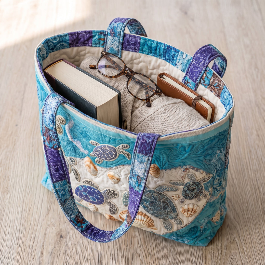 Artisanal Bag - Turtle Love — packed with a hardback book, a folded cardigan and reading glasses