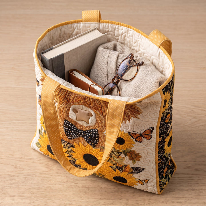Quilted Bag - Highland Cow with Sunflowers — packed with a hardback book, a folded cardigan and reading glasses