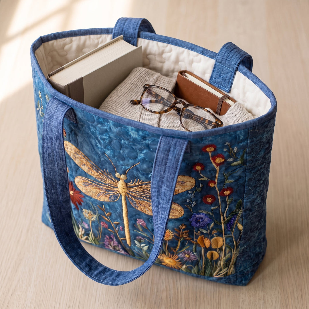 Quilted Bag - Golden Dragonfly — packed with a hardback book, a folded cardigan and reading glasses