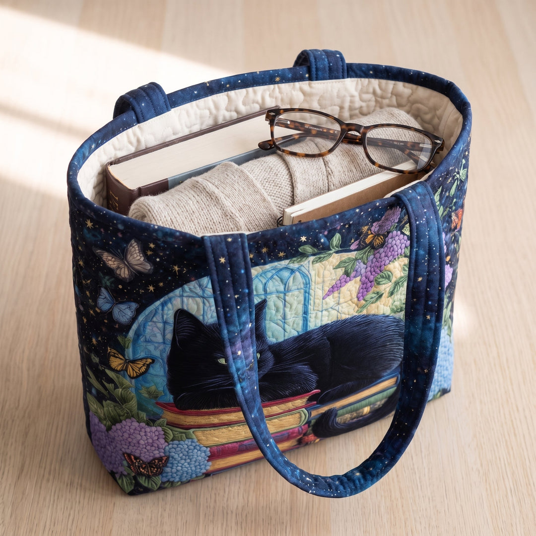 Artisanal Bag - Black Cat on Books — packed with a hardback book, a folded cardigan and reading glasses