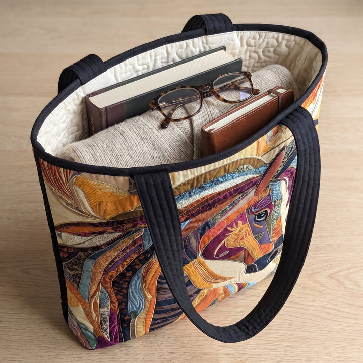 Artisanal Bag - Multicolored Mosaic Horse — packed with a hardback book, a folded cardigan and reading glasses