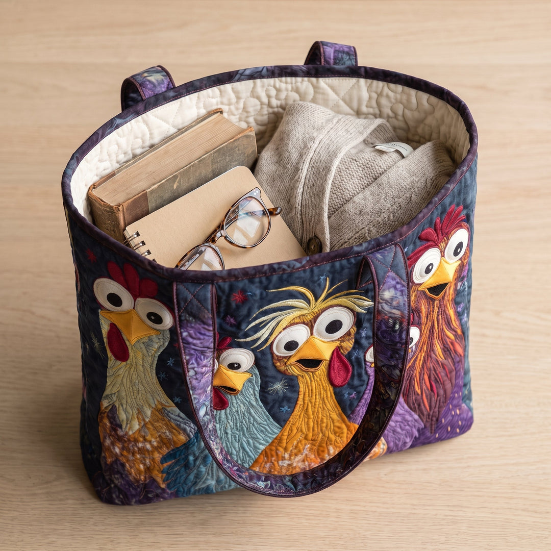Artisan Bag - Five Colorful Chickens — packed with a hardback book, a folded cardigan and reading glasses