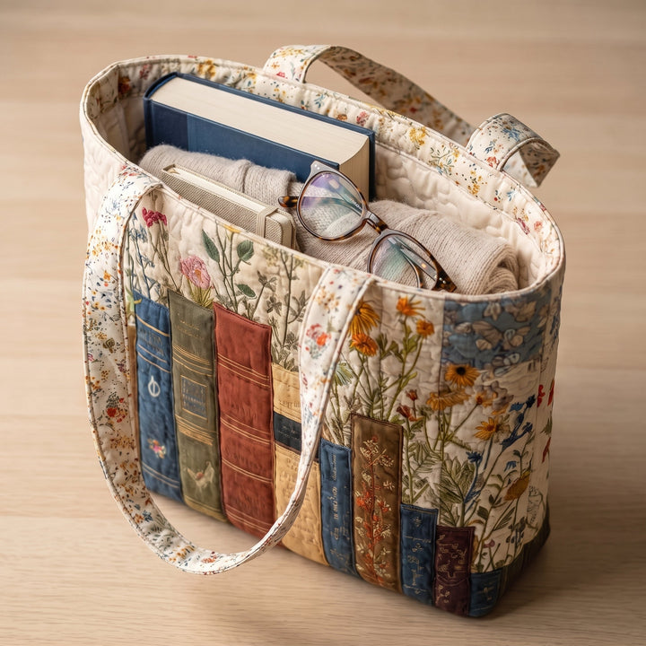 Artisan Quilted Bag - Books and Flowers — packed with a hardback book, a folded cardigan and reading glasses