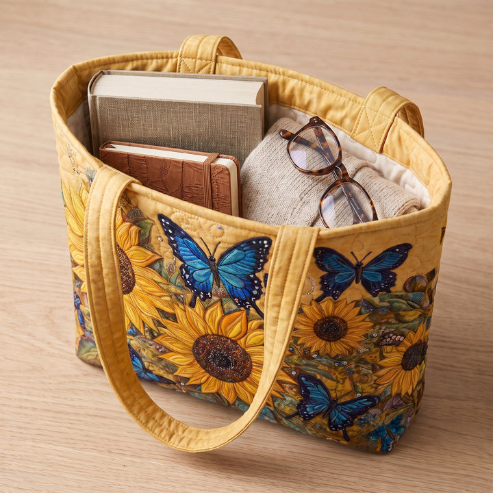 Artisan Bag - Sunflowers and Blue Butterflies — packed with a hardback book, a folded cardigan and reading glasses