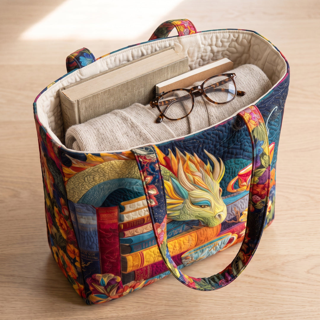 Artisan Bag - Dragon Reader with Books and Mugs — packed with a hardback book, a folded cardigan and reading glasses