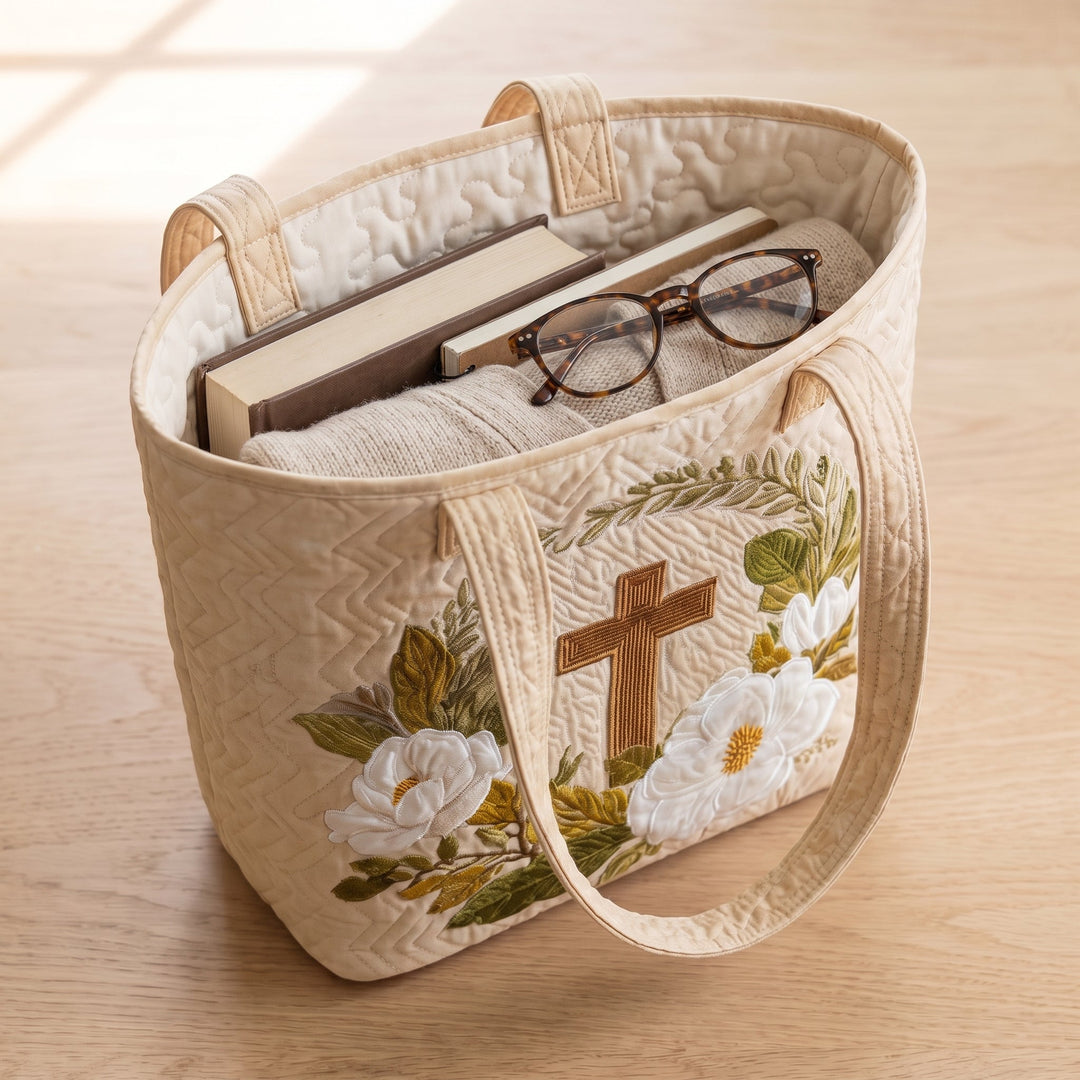 Artisanal Bag - Sacred Cross — packed with a hardback book, a folded cardigan and reading glasses