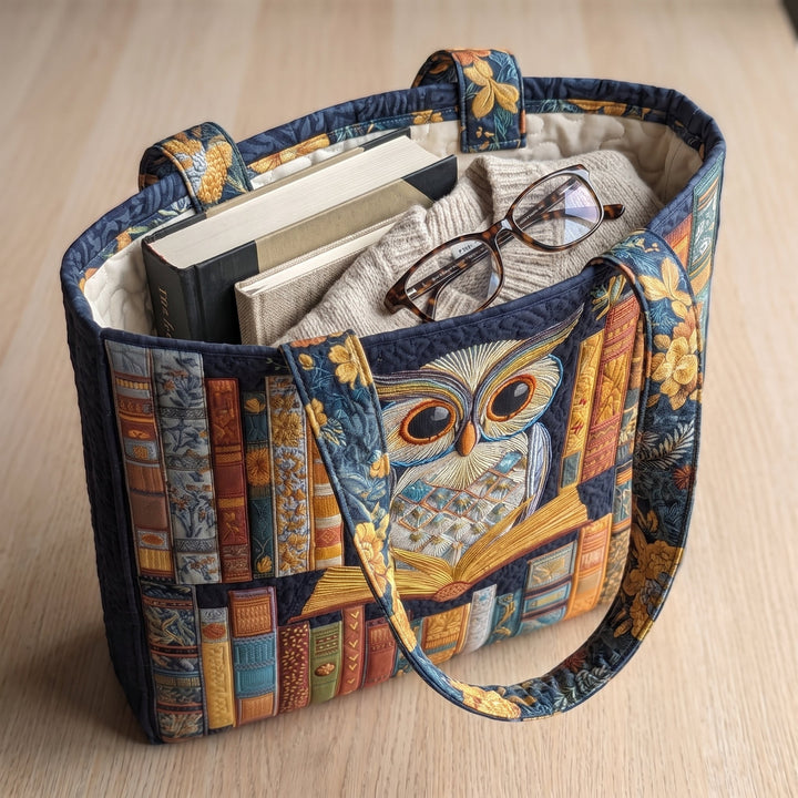 Artisan Tote - Owl and Vintage Books — packed with a hardback book, a folded cardigan and reading glasses