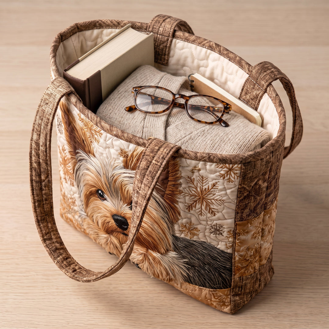 Artisanal Bag - Adorable Yorkshire — packed with a hardback book, a folded cardigan and reading glasses