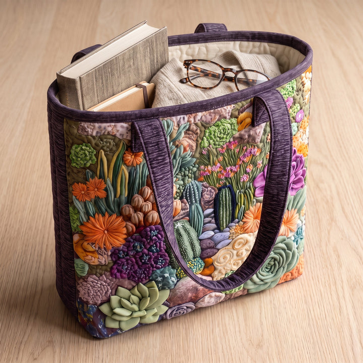 Artisanal Tote Bag - Succulent Garden — packed with a hardback book, a folded cardigan and reading glasses