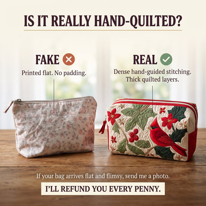 Holly Cardinal Quilted Makeup Bag — hand-quilted authenticity check