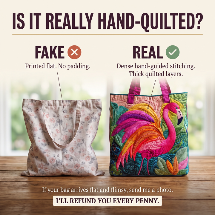 Quilted Tote Bag - Rainbow Flamingo — hand-quilted authenticity check
