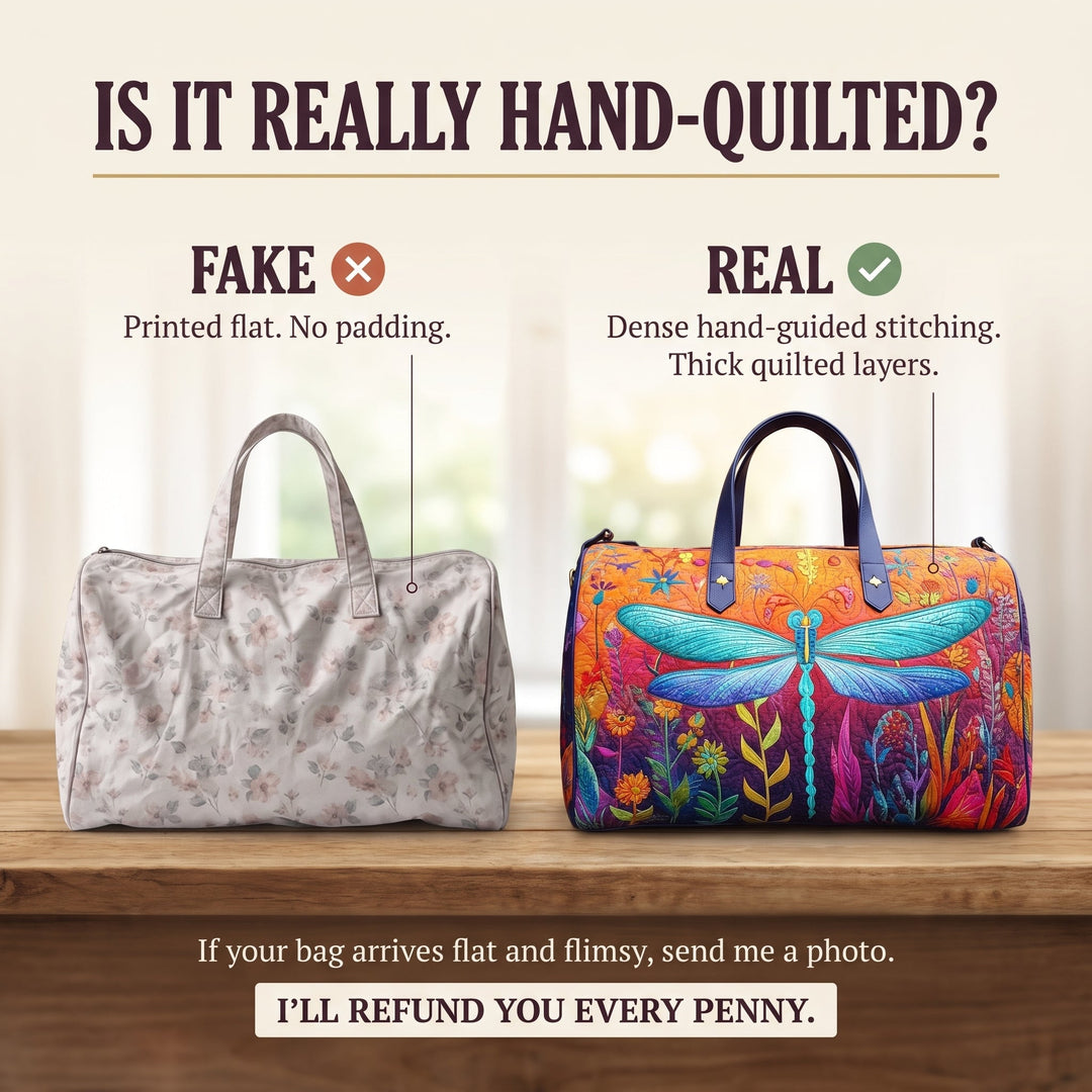 Flit and Fly Quilted Duffle Bag — hand-quilted authenticity check