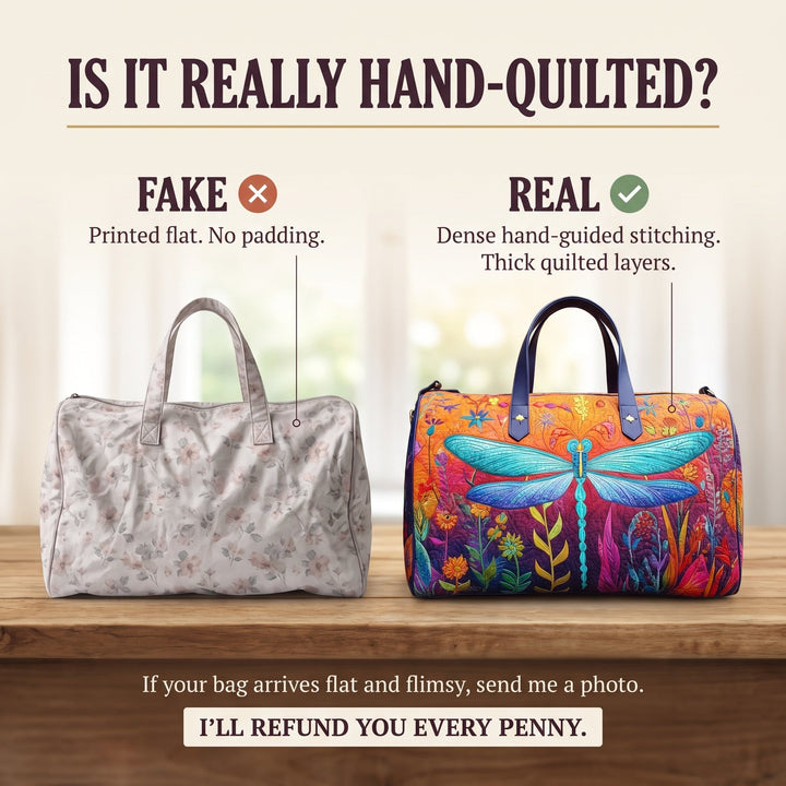 Flit and Fly Quilted Duffle Bag — hand-quilted authenticity check
