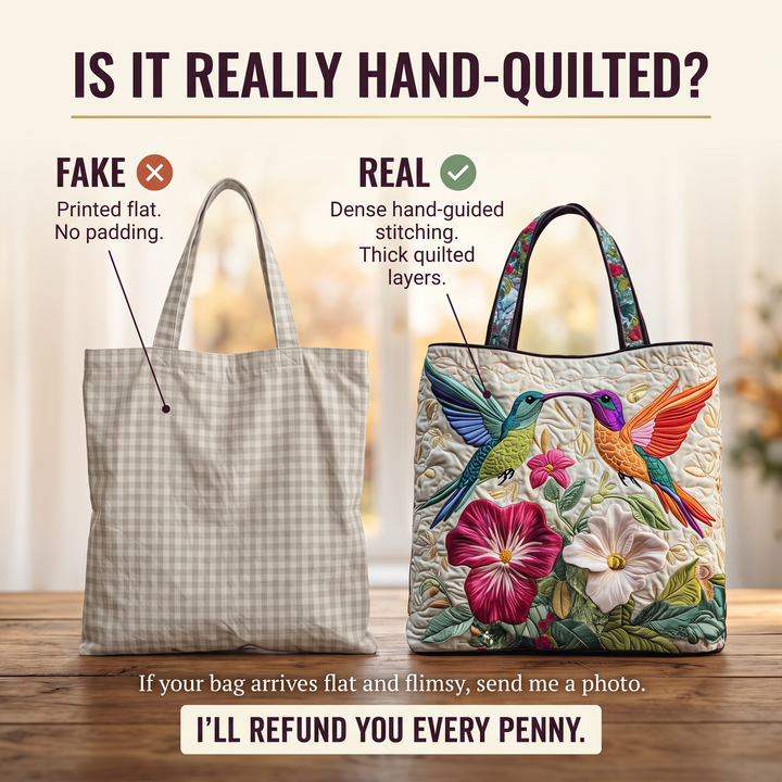 Quilted Bag - Hummingbird and White Flowers — hand-quilted authenticity check
