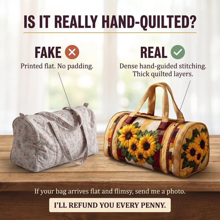 Warm Light Quilted Duffle Bag — hand-quilted authenticity check