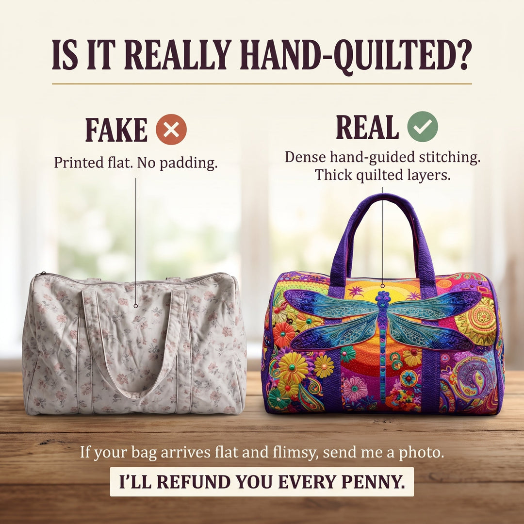 Silken Skies Quilted Duffle Bag — hand-quilted authenticity check