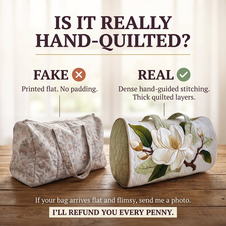 Blooming Grace Quilted Duffle Bag — hand-quilted authenticity check