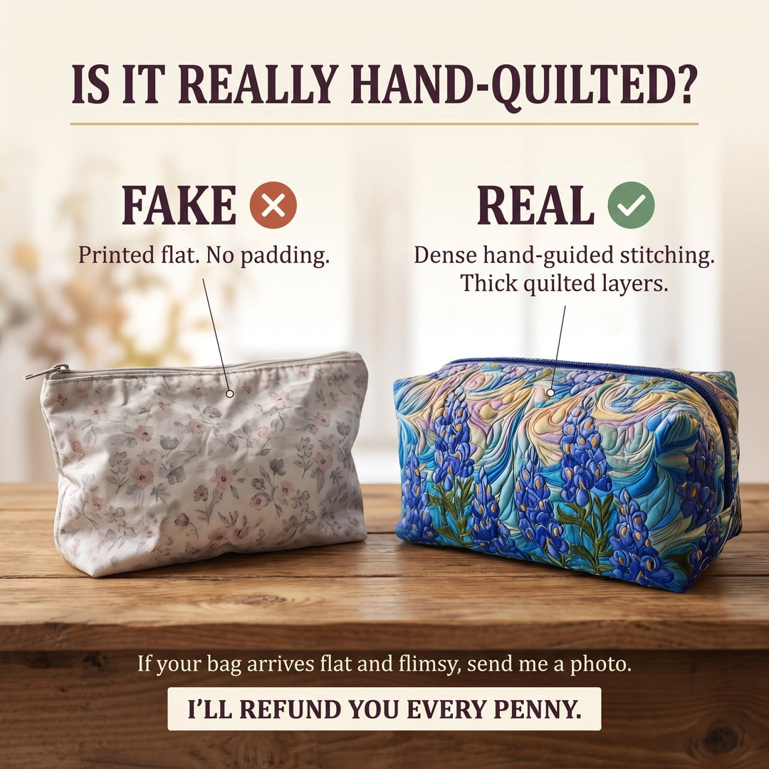 Floral Swirl Quilted Makeup Bag — hand-quilted authenticity check