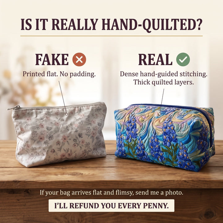 Floral Swirl Quilted Makeup Bag — hand-quilted authenticity check