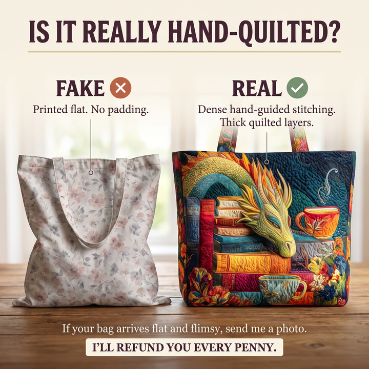 Artisan Bag - Dragon Reader with Books and Mugs — hand-quilted authenticity check