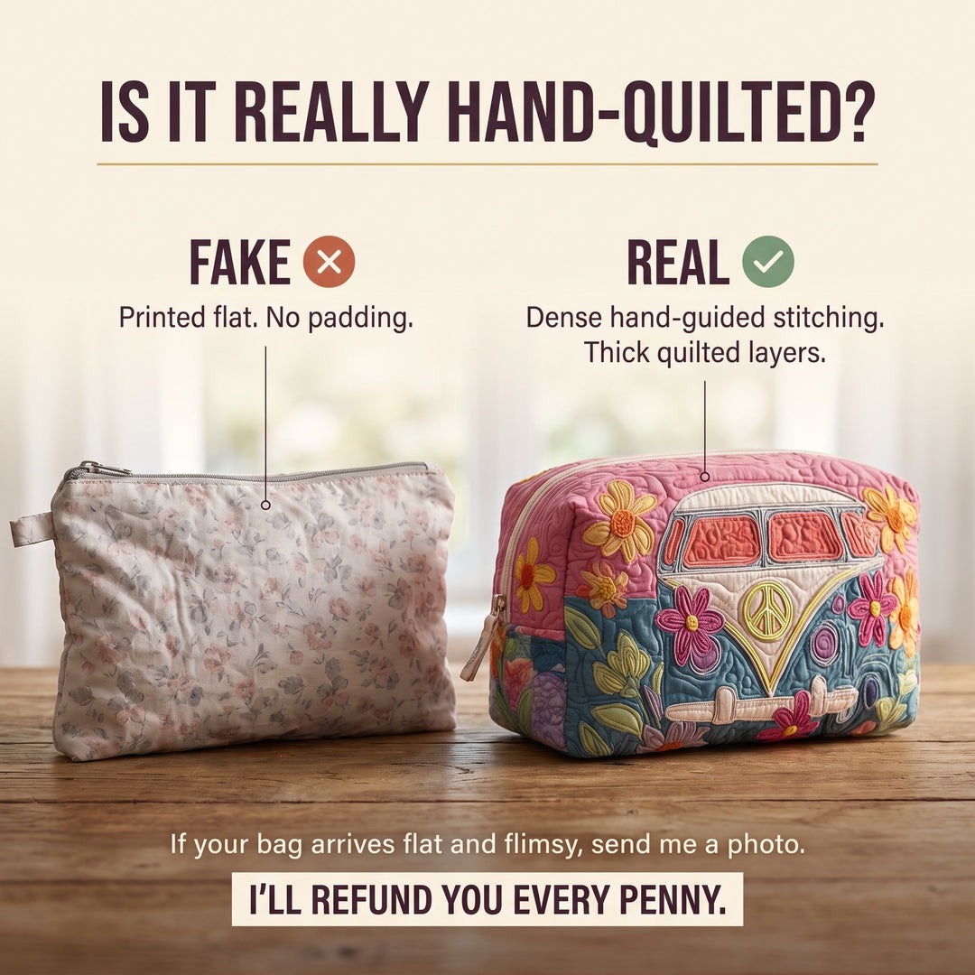 Retro Bloom Journey Quilted Makeup Bag — hand-quilted authenticity check