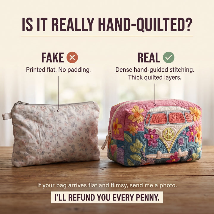 Retro Bloom Journey Quilted Makeup Bag — hand-quilted authenticity check