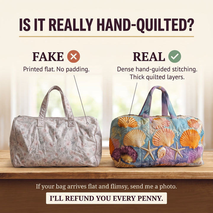 Shoreline Shells Quilted Duffle Bag — hand-quilted authenticity check