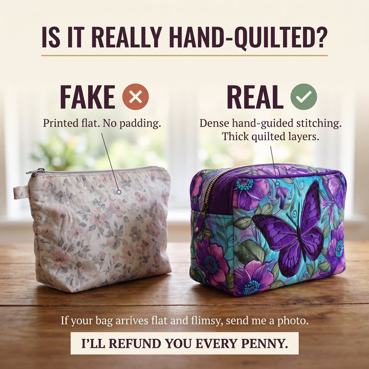 Butterfly Bloom Quilted Makeup Bag — hand-quilted authenticity check
