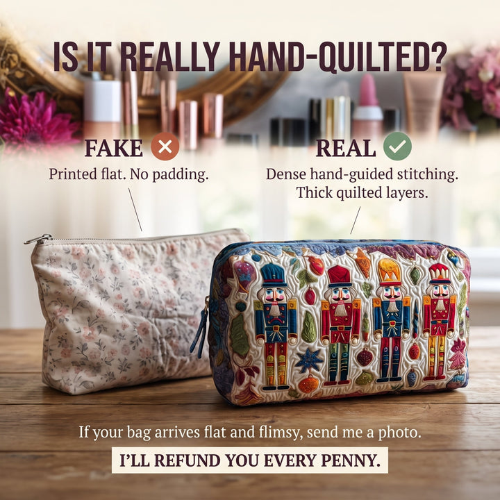Nutcracker Glow Quilted Makeup Bag — hand-quilted authenticity check
