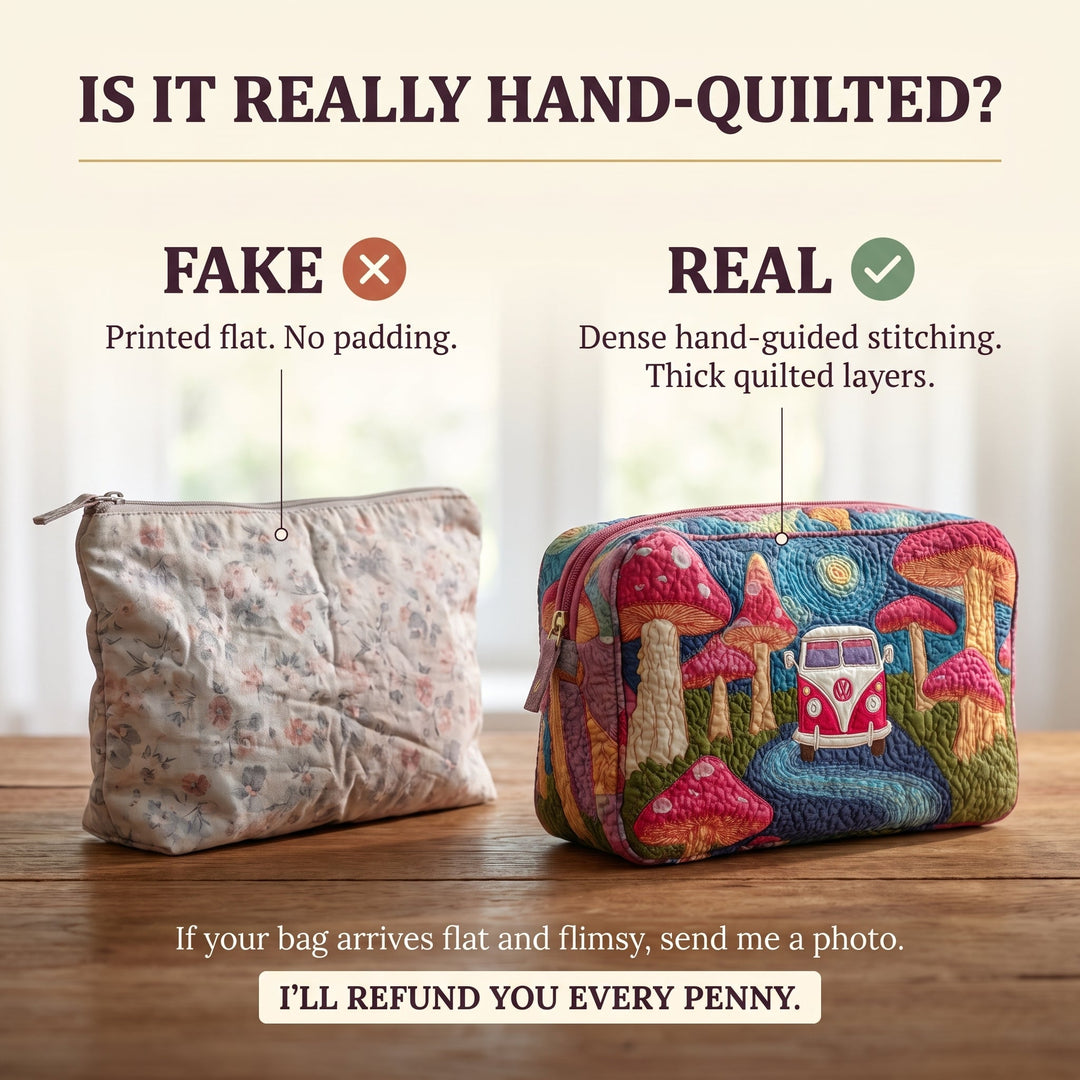 Cosmic Hippie Dream Quilted Makeup Bag — hand-quilted authenticity check
